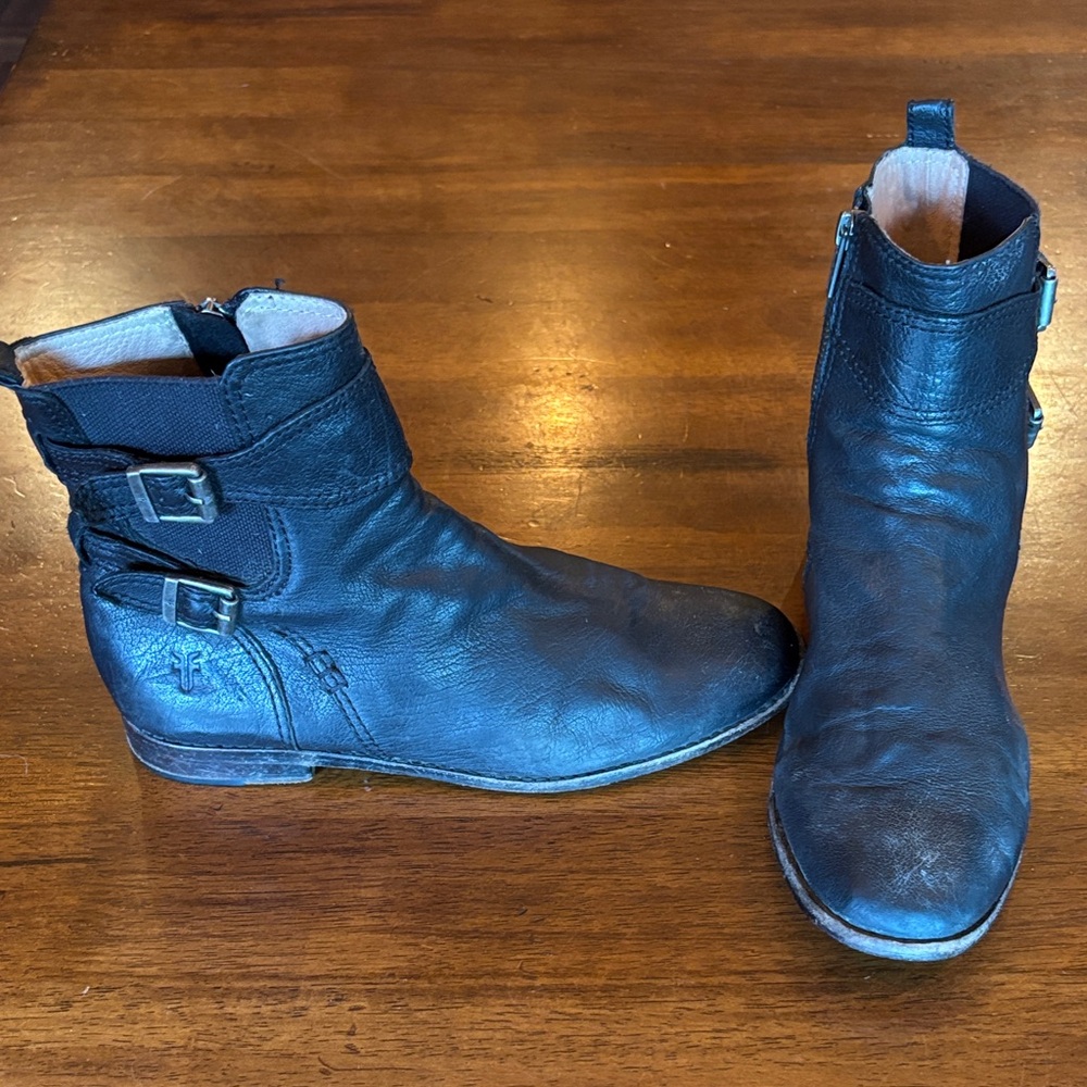 Frye Black Leather Ankle Booties with Buckles